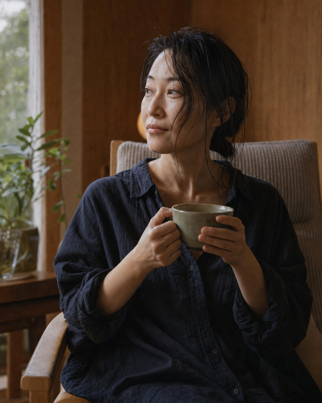 ラウンジでマグカップを両手に持ちくつろぐ30代の会員