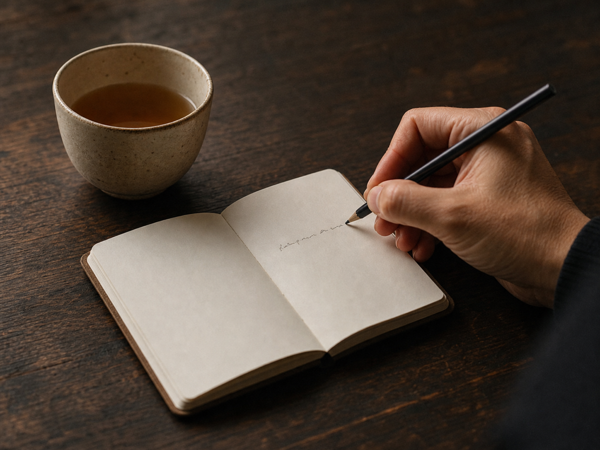 お茶のそばでノートに一行書き込む手元